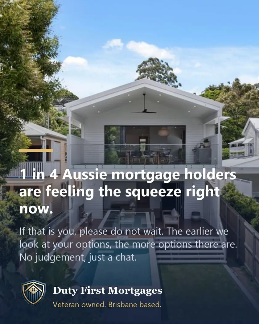 Modern white two-storey home with a backyard pool, captioned: 1 in 4 Aussie mortgage holders are feeling the squeeze right now