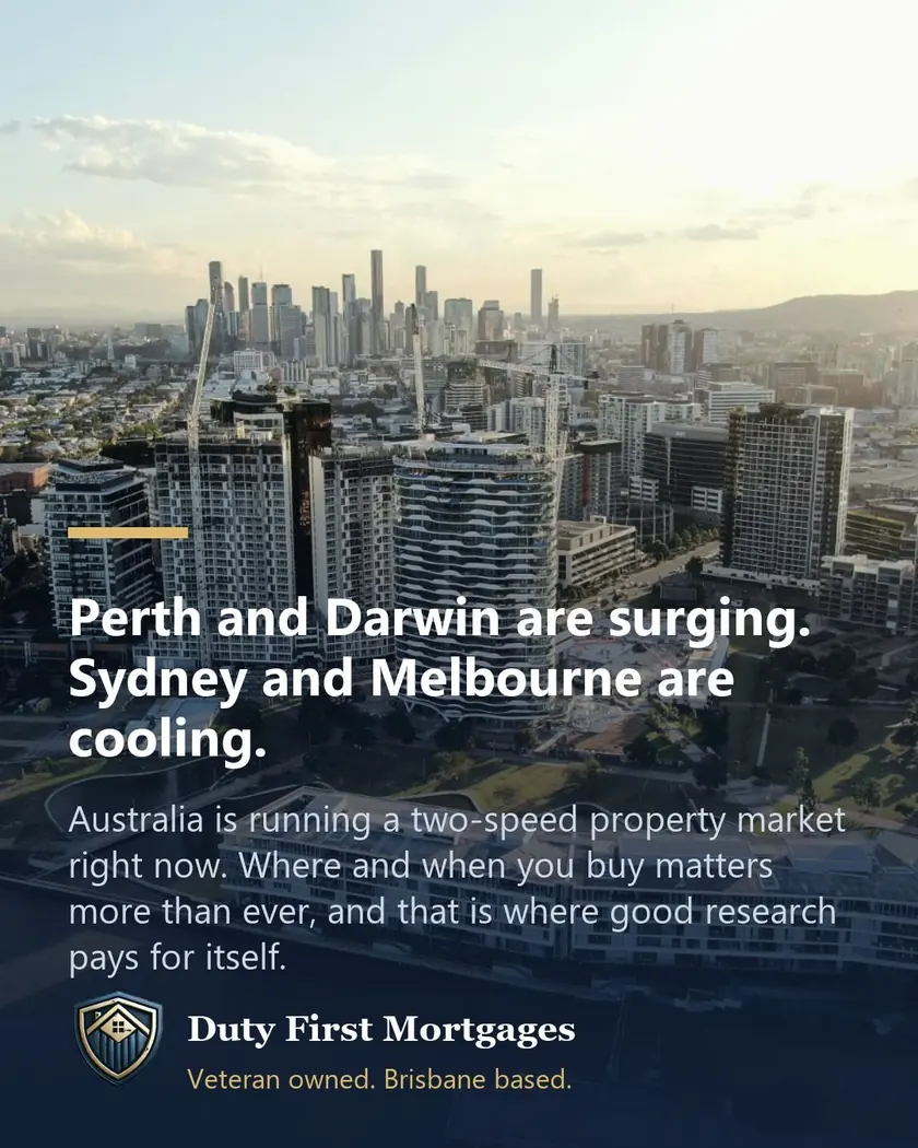 Aerial view of the Brisbane skyline with construction cranes at sunset, captioned: Perth and Darwin are surging, Sydney and Melbourne are cooling