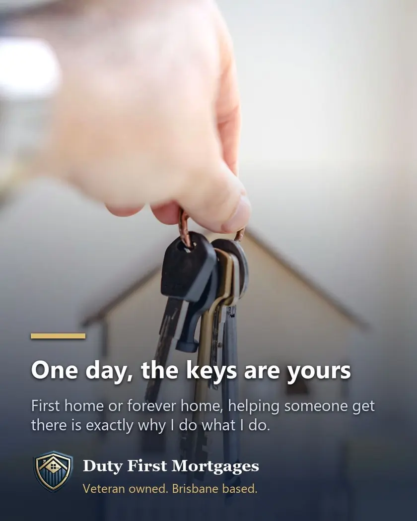 Hand holding up a bunch of house keys in front of a softly blurred home, captioned: one day, the keys are yours