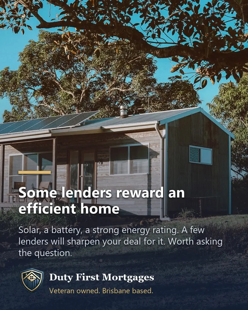 A timber home with solar panels on the roof under a clear blue Australian sky, beside the words Some lenders reward an efficient home.