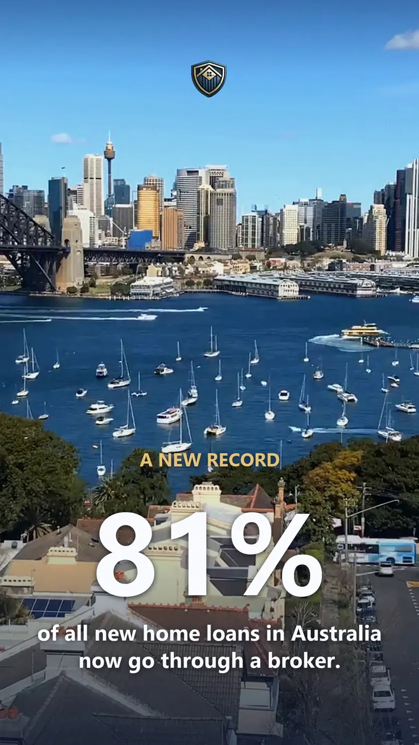 Sydney Harbour on a clear blue day with the words: A new record. 81% of all new home loans in Australia now go through a broker.