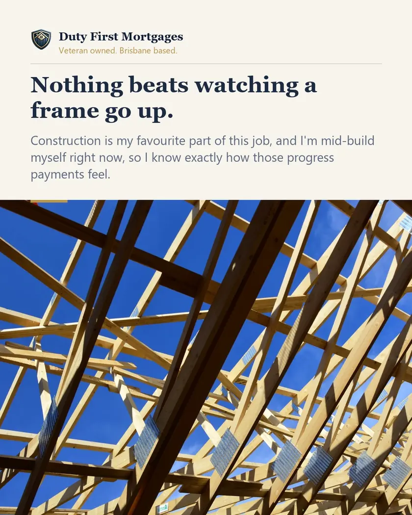 A timber roof frame seen from below against a bright blue sky, with the words Nothing beats watching a frame go up.