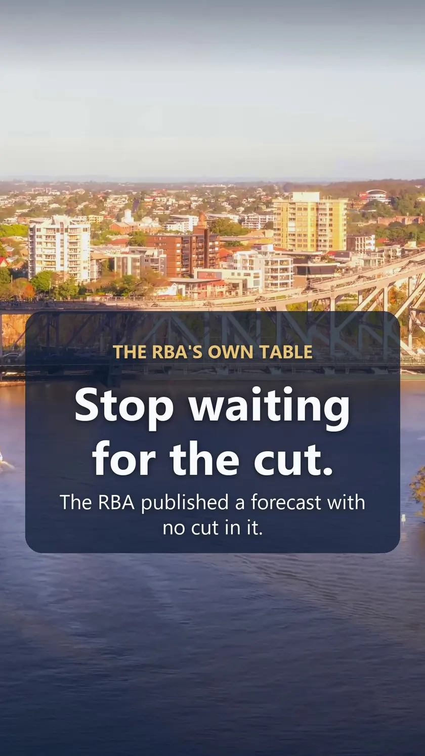 An aerial view of the Brisbane River and the Story Bridge with the words Stop waiting for the cut, the RBA published a forecast with no cut in it.