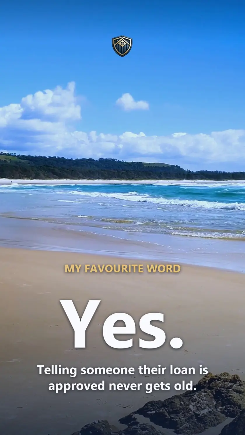 A wide Australian beach on a clear day, with the words My favourite word: Yes.