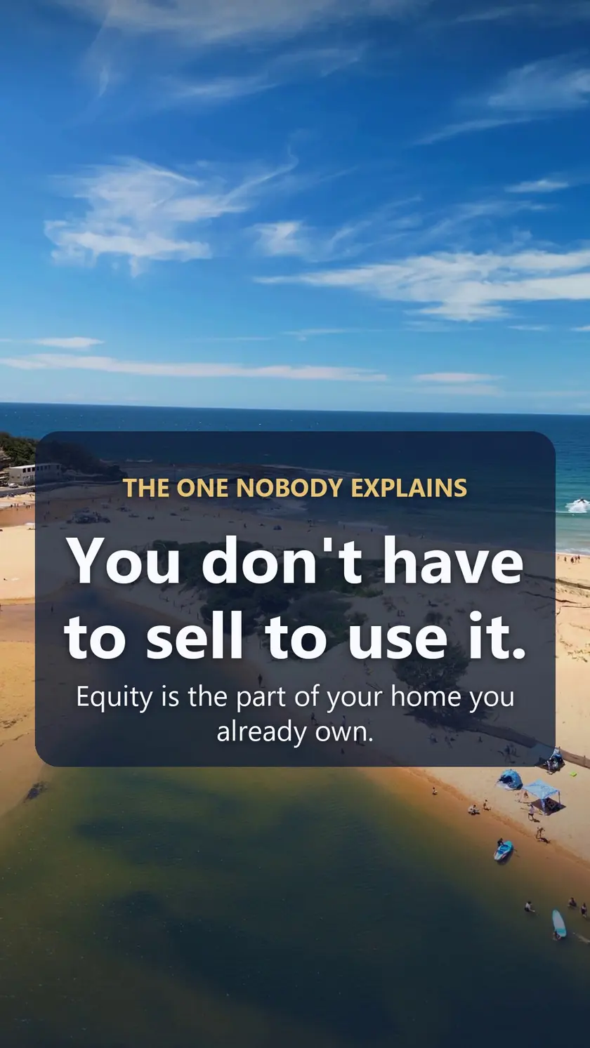 Aerial view of a sunny beach and lagoon under a blue sky, with the words: You don't have to sell to use it.