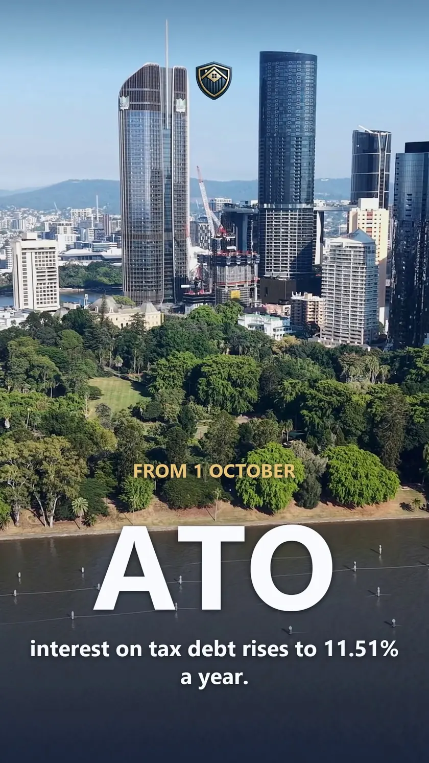 Aerial view of the Brisbane city skyline and City Botanic Gardens with text saying ATO interest on tax debt rises to 11.51% a year from 1 October.