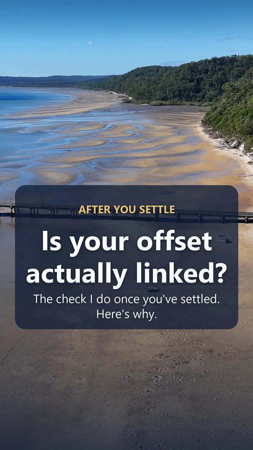 Aerial view of a Queensland beach at low tide with a jetty, overlaid with the words Is your offset actually linked?
