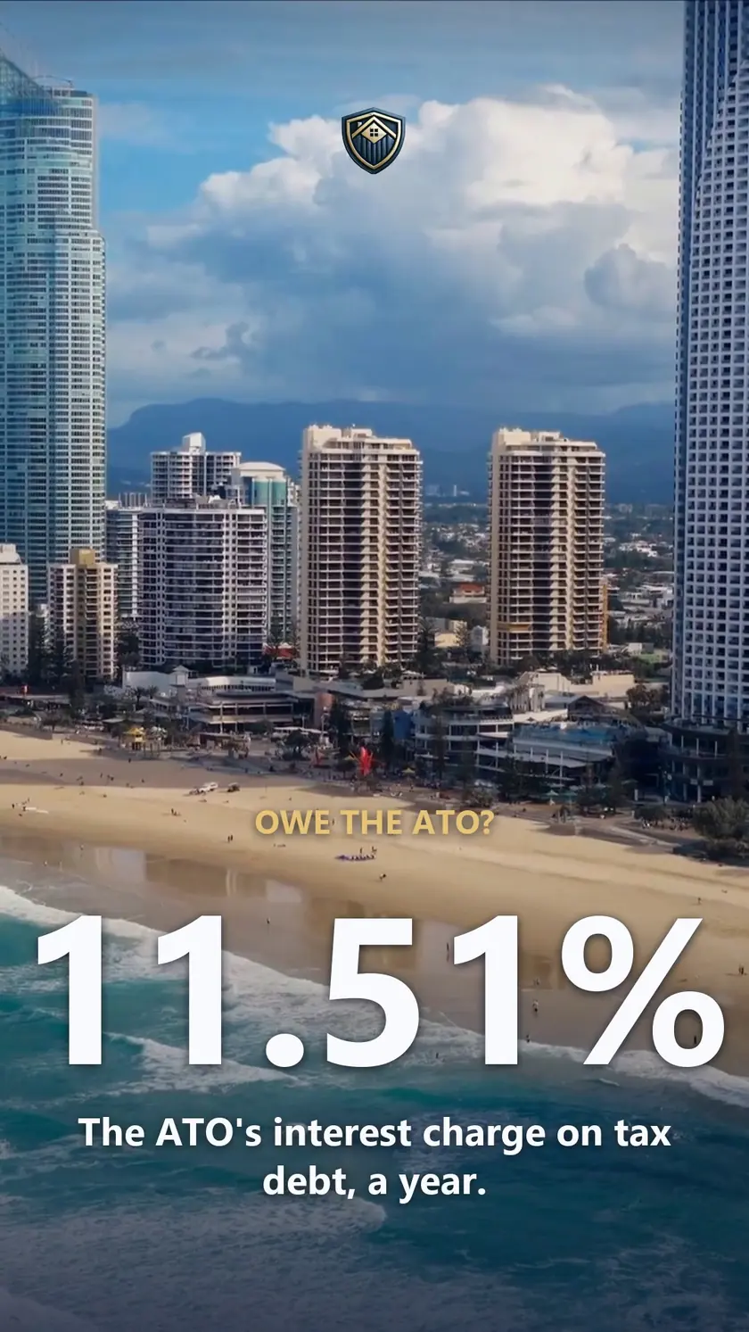 Aerial of the Surfers Paradise beachfront with the text Owe the ATO? 11.51%.