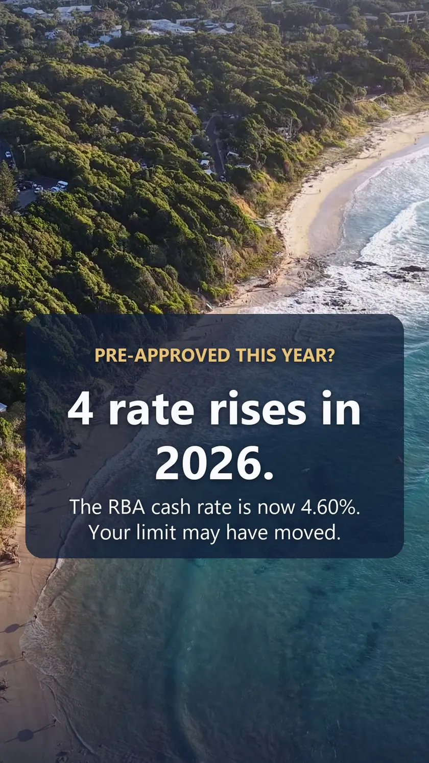 Aerial view of a green headland and beach with the words 4 rate rises in 2026, RBA cash rate now 4.60%